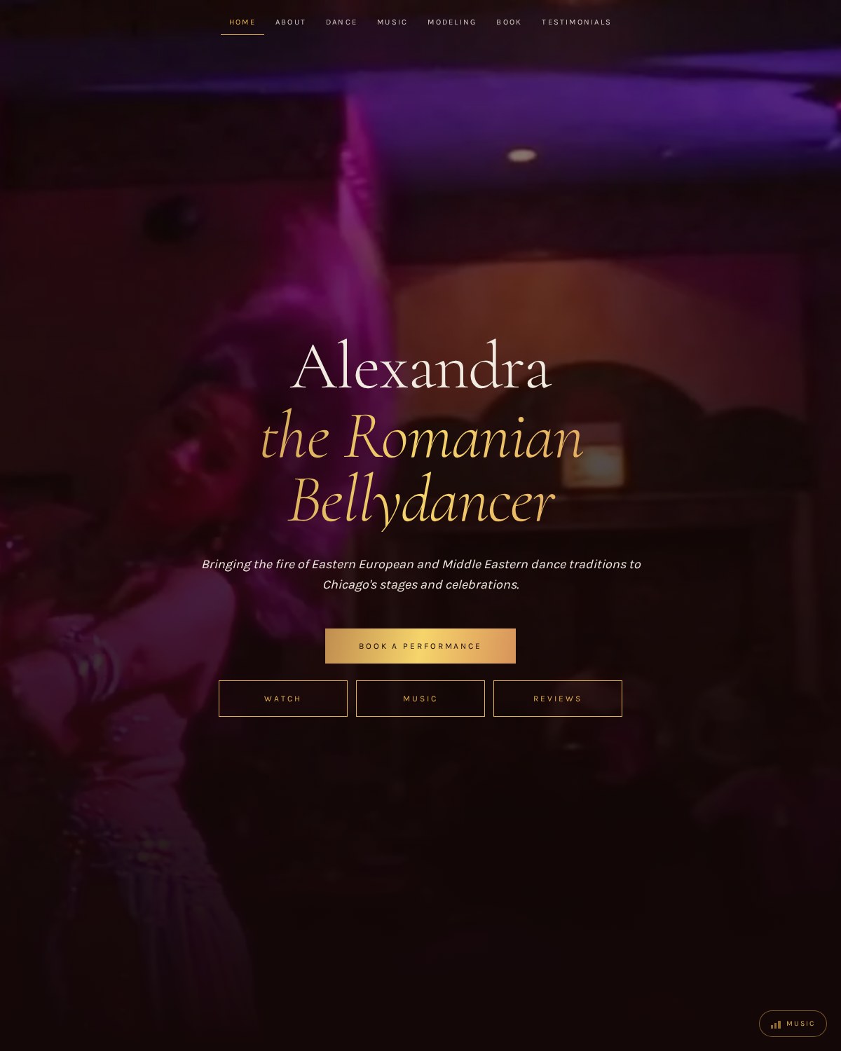 Alexandra the Bellydancer, Cinematic performer site for a Chicago-based Romanian bellydancer with 20+ years on stage.